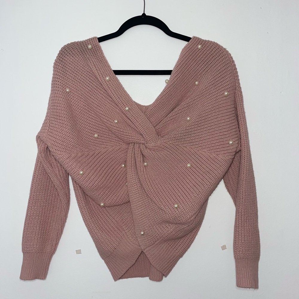 Pink Knitted Sweater with Pearl Accents